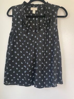 LOFT Black Sleeveless Ruffle Neck Floral Blouse